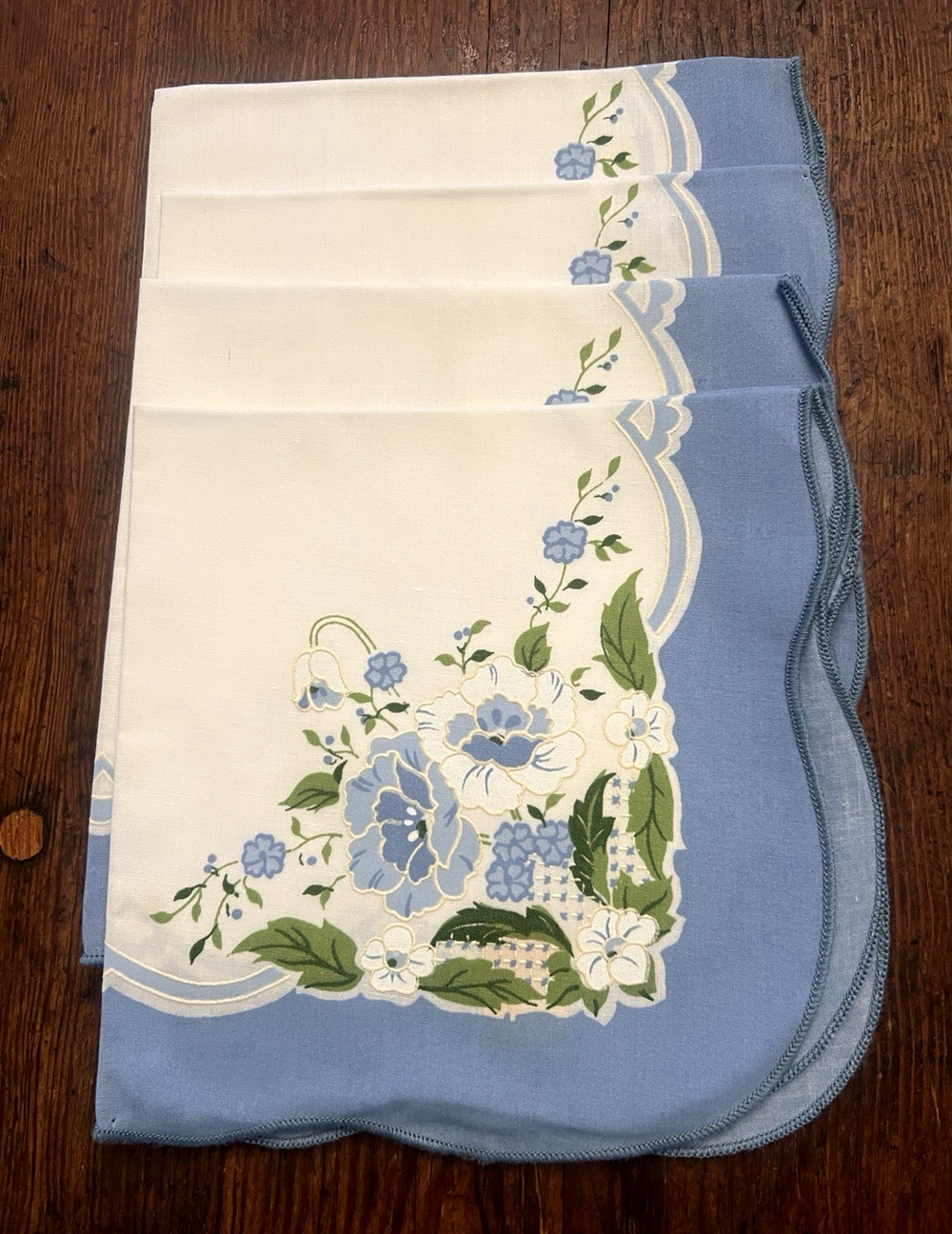 Hand Embroidered Napkins Set of 4 White Green & Blue Trim & Floral Appliqué